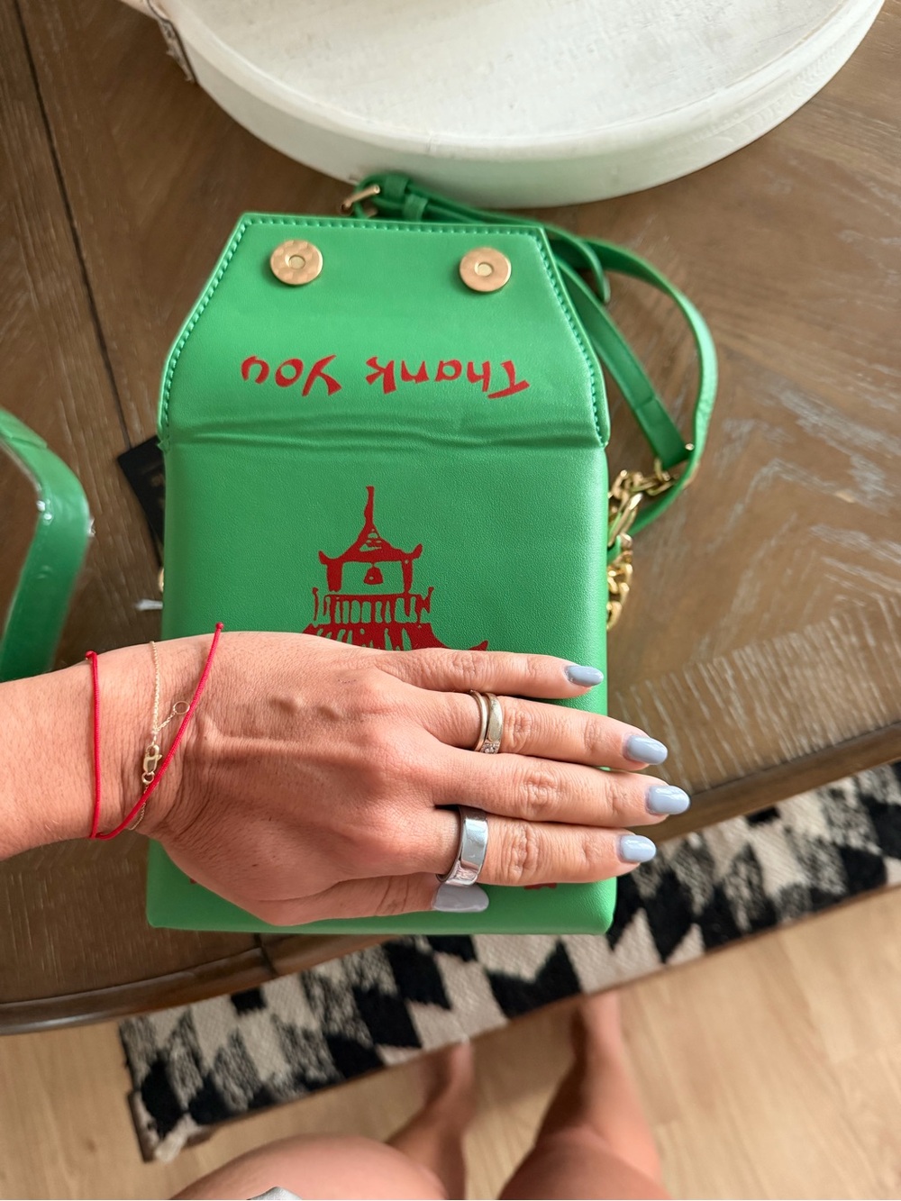 Green 'Thank You' Crossbody Bag with Pagoda Print